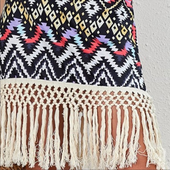 Boho Summer Tie Halter Top Backless Tassel Hem Midi Dress in Zig Zag & Geomet - Picture 7 of 8